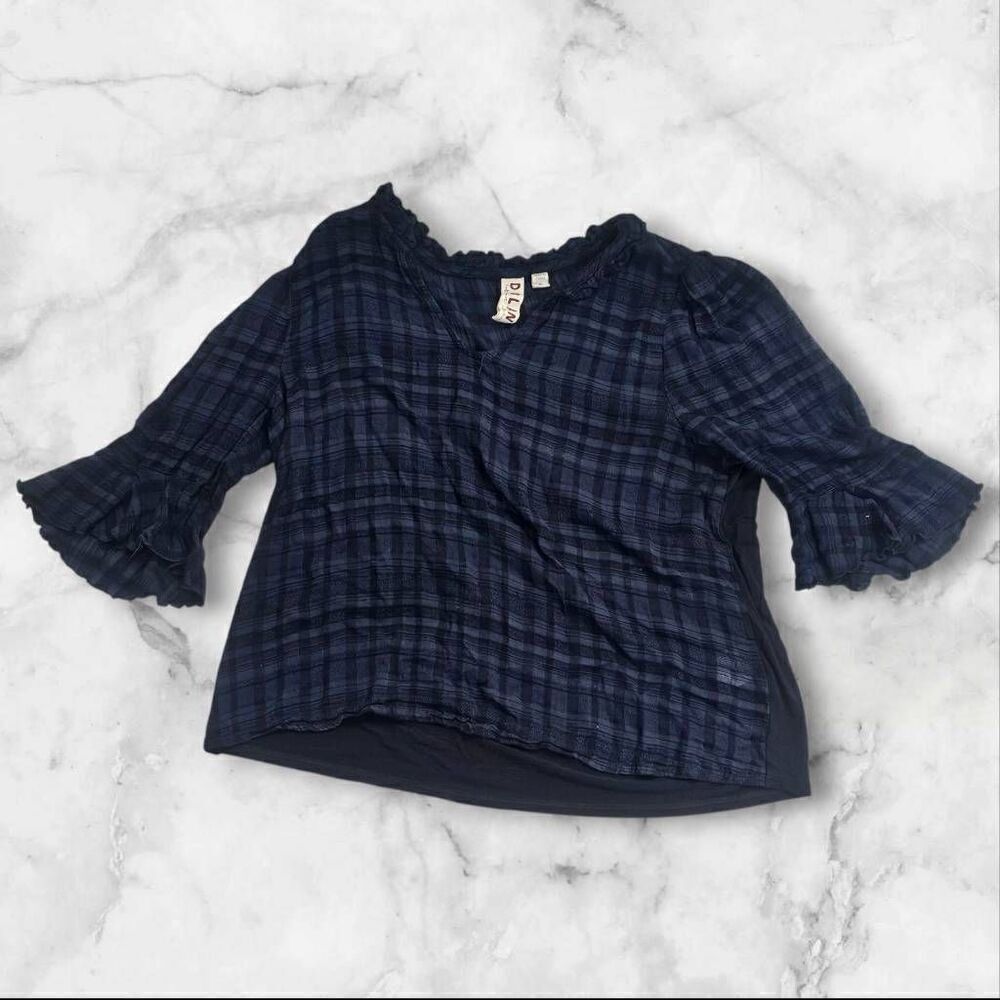 Anthropologie Dolan Womens XS Tandy Plaid Blue Black Ruffle Sleeve Vneck Top